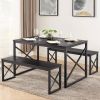 Modern Industrial Black Wood-Top Kitchen Dining Table Set with 2 Benches