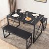 Modern Industrial Black Wood-Top Kitchen Dining Table Set with 2 Benches